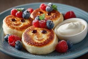 A blue plate topped with pancakes with berries and cream photo