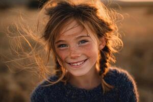 A young girl with freckles smiles in the field photo