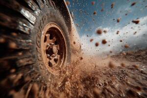 A vehicle driving through mud with its tire photo