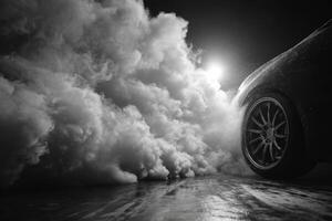 Black and white photo of a car driving through smoke