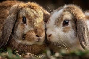 Two rabbits are laying on the grass together photo