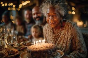An older woman is celebrating her birthday with her family photo