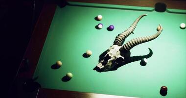 CGI Unique pool table setup featuring a ram skull surrounded by billiard balls video