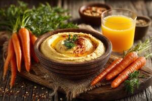 Hummus with carrots and orange juice on a wooden table photo