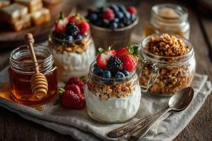 Yogurt, granola, berries and honey on a wooden table photo