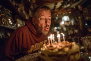 A man blowing out candles on a birthday cake photo