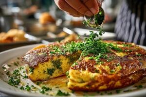 A person is sprinkling herbs on a dish photo