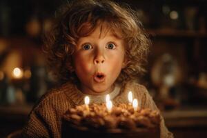 A young boy is looking surprised at a birthday cake photo