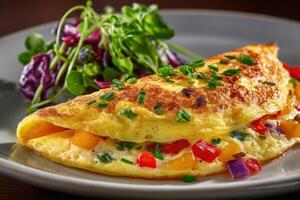 An omelet with vegetables and a salad on a plate photo