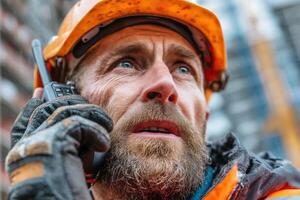 A man in an orange hard hat talking on a cell phone photo
