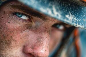 Close up of a man with dirt on his face photo
