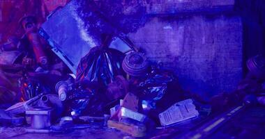CGI Garbage piles in urban setting illuminated by neon lights at night video