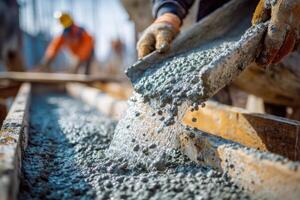 A worker pouring concrete into a concrete mixer photo