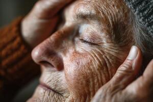 An older woman with her hands on her head photo