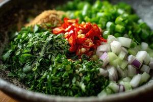 A bowl of chopped vegetables with onions, peppers and herbs photo