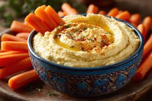 Carrots and hummus dip on a wooden plate photo
