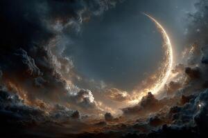The moon is seen in the sky above clouds photo