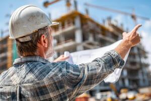 A man in a hard hat holding a blueprint photo