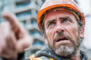 A man in a hard hat pointing at something photo