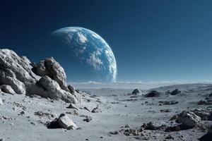 An alien landscape with rocks and a blue planet photo