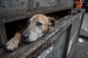 A dog is resting in a dumpster photo