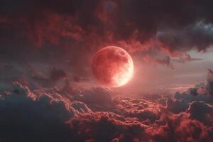 A red moon is seen in the sky above clouds photo