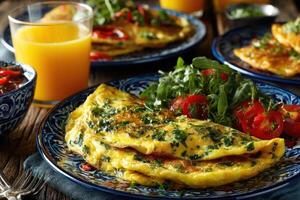 Omelets with vegetables and orange juice photo