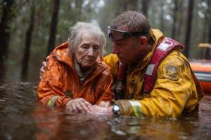 A man and woman in the water with a fireman photo