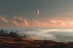 A beautiful sunset over a foggy landscape photo