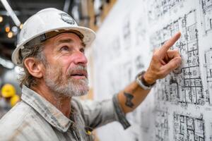 A man in a hard hat pointing at a blueprint photo