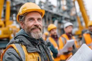 A man in a hard hat and safety vest is holding a piece of paper photo