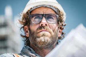 A man in a hard hat and glasses looking at something photo