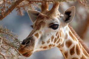 A giraffe eating leaves from a tree photo