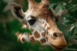 A giraffe looking over a tree branch photo