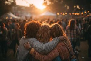 Three women hugging at a music festival photo