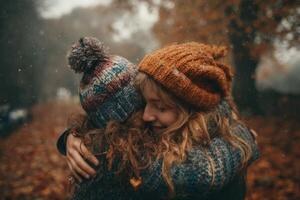 Two girls hugging in the rain photo