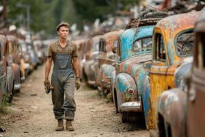 A man in overalls walking through a field of old cars photo