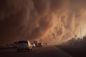 Cars driving down a highway in front of a huge dust cloud photo