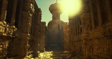 CGI A vast corridor leads through ancient temple ruins, illuminated by sunlight video