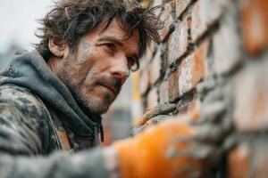 A man is working on a brick wall photo