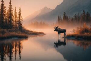 A moose stands in the water at sunrise in the mountains photo