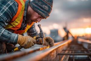 A man in a hard hat and vest working on a railroad track photo