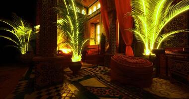 CGI Vibrant interior of a Moroccan style room with glowing palm trees video