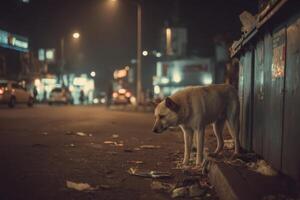 A dog standing on the side of a street at night photo
