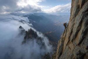 A climber on the side of a mountain with clouds above photo