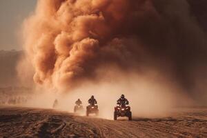 Four people riding atvs through a dust cloud photo