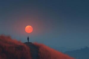 A man standing on a hill with the sun setting behind him photo