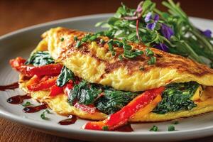 A plate with an omelet and vegetables on it photo