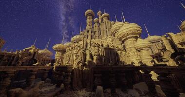 CGI Impressive ancient structure illuminated by night sky filled with stars video