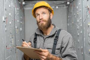 A bearded man in a hard hat and helmet holding a clipboard photo